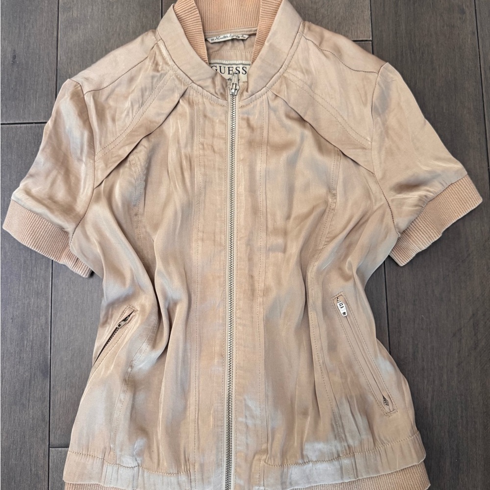 Vintage Y2K GUESS Women's Short-Sleeve Bomber Jacket Vest in Light Beige